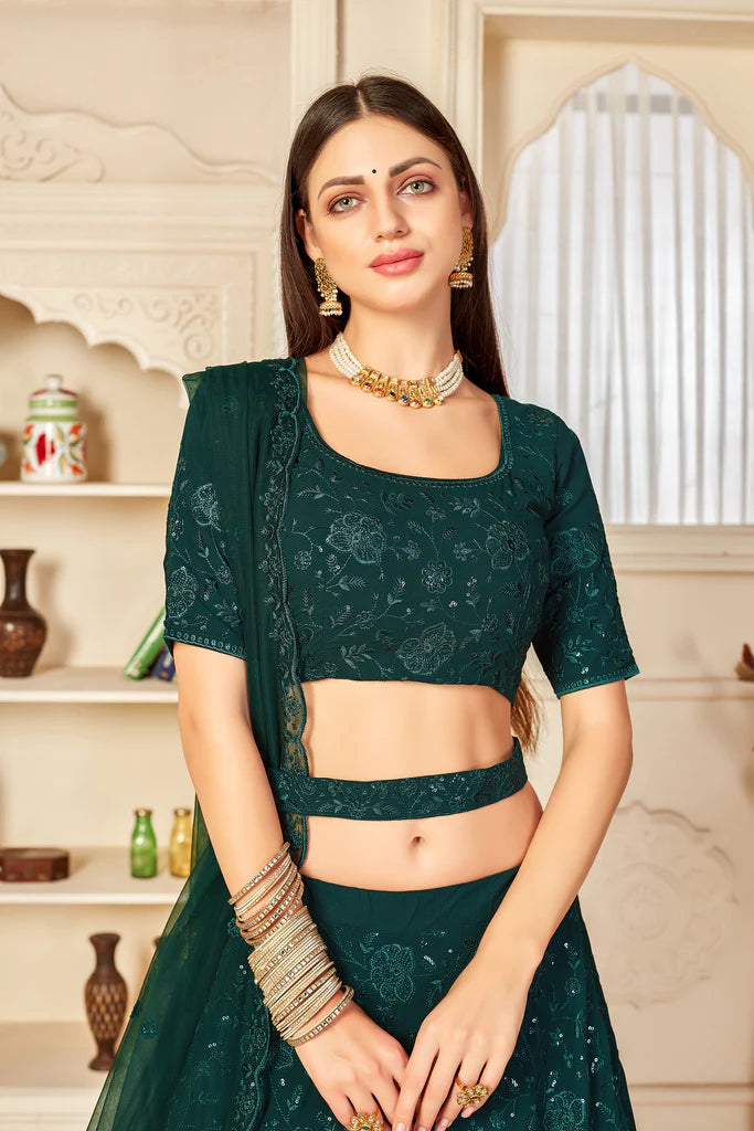 Charming Green Thread And Sequins Embroidered Georgette Semi Stitched Lehenga