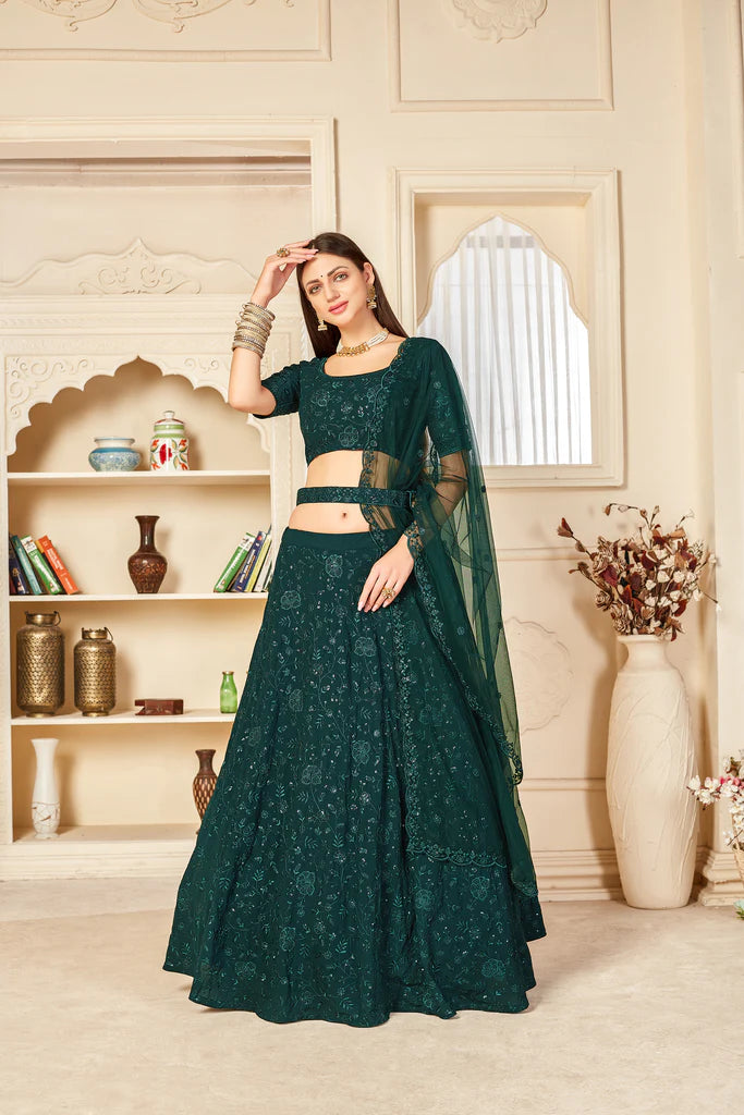 Charming Green Thread And Sequins Embroidered Georgette Semi Stitched Lehenga