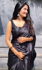 Satin Saree in Dark Gray Color with Unstitched Sequence Blouse