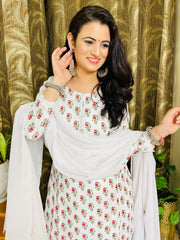 White Cotton Printed suit with attractive Lace Border