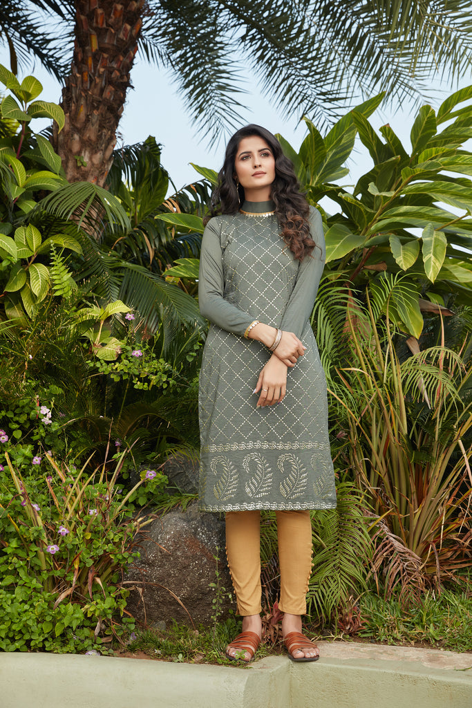 Cotton Fabric Olive Green Color 3/4th Sleeves Casual Wear Long Kurti