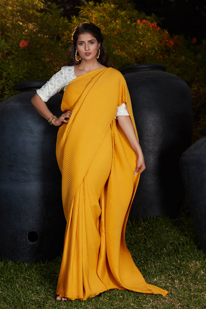Party Wear Pleated Saree In Yellow Foil Work Silk With Blouse