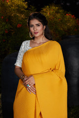 Party Wear Pleated Saree In Yellow Foil Work Silk With Blouse