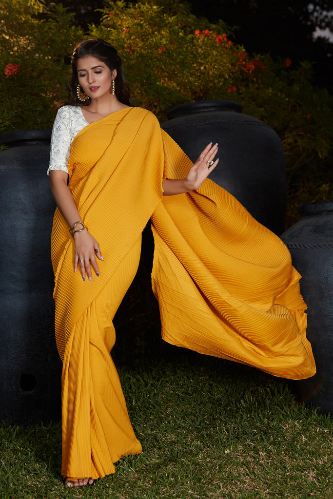 Party Wear Pleated Saree In Yellow Foil Work Silk With Blouse