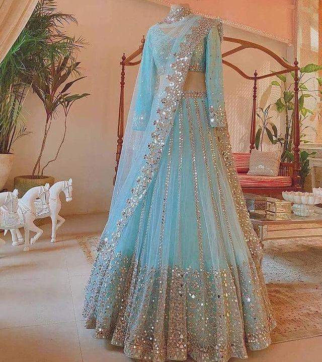 Indian Sky-Blue Designer Lehenga Choli with Sequence Work for Wedding, Party, Casual Wear Chaniya Choli Dress