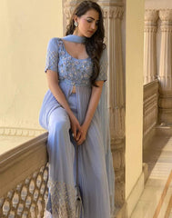 Impressive Designer Embroidered and Handwork Front Cut Designer Wear Outfit Along with Palazzo and Dupatta