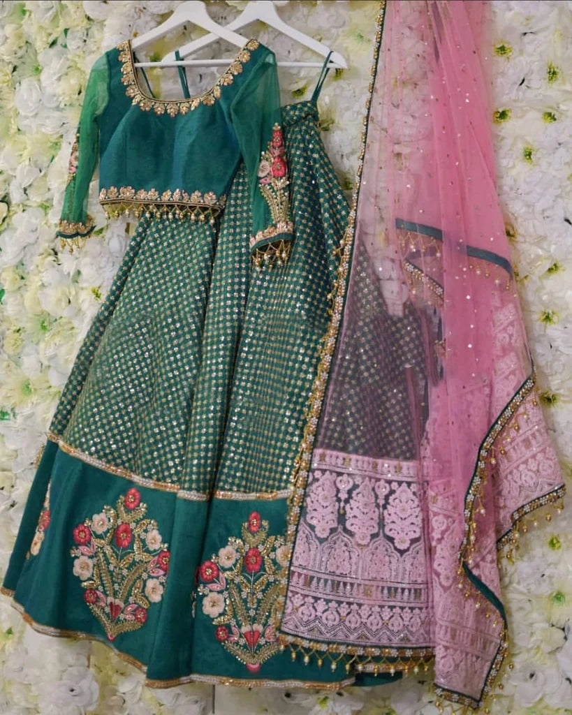 Green Vichitra Silk Lehenga Choli with Pink Dupatta