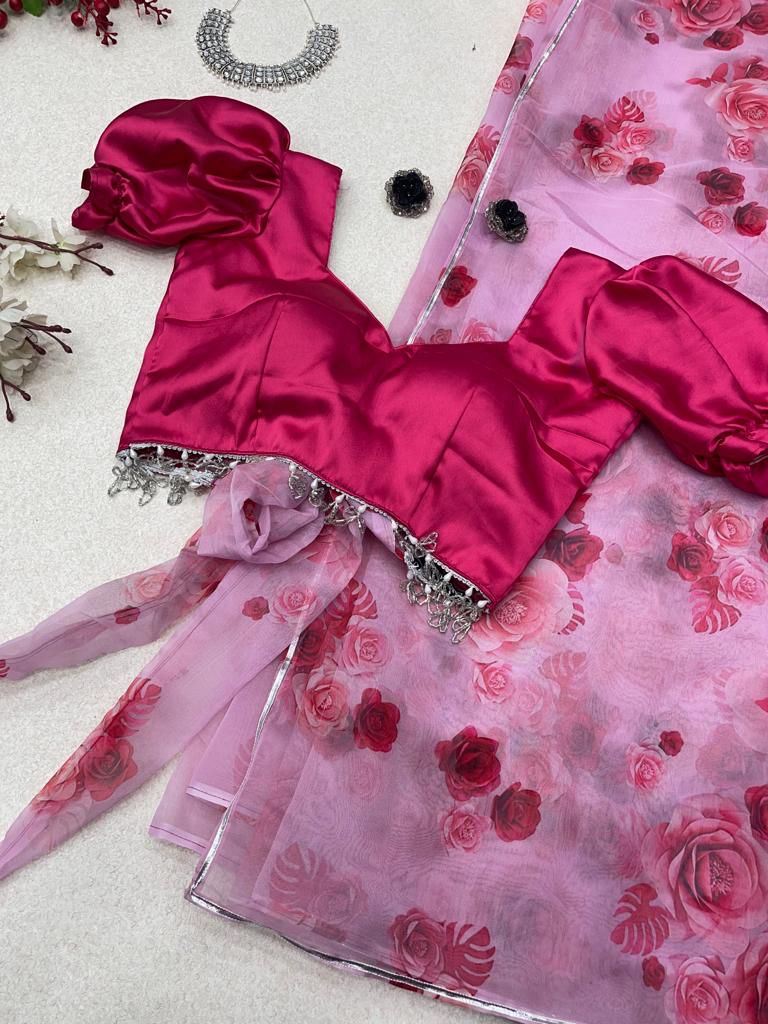 organza silk digital printed saree with designer lace border