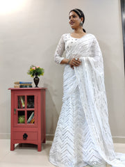 White Lehenga Saree in Georgette With Sequence Work