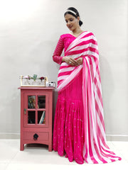 Pink Stripe Printed Lehenga Saree In Georgette