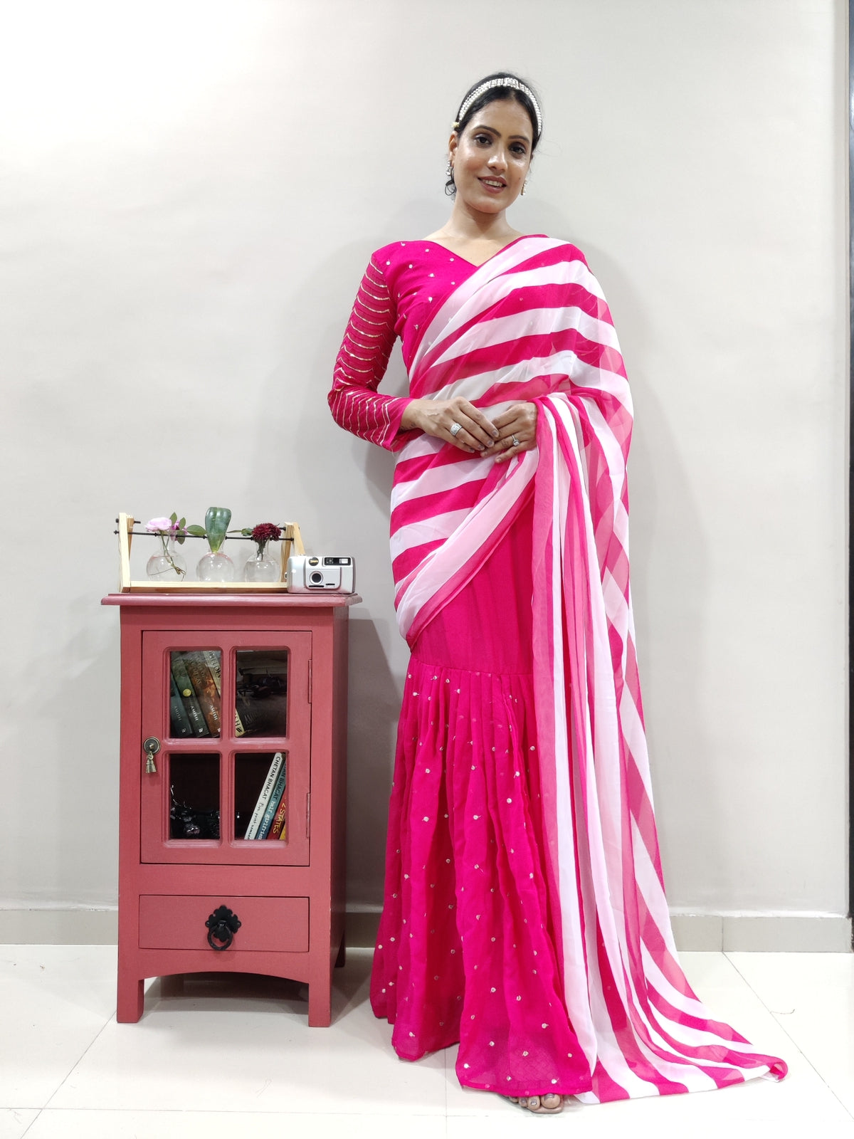 Pink Stripe Printed Lehenga Saree In Georgette
