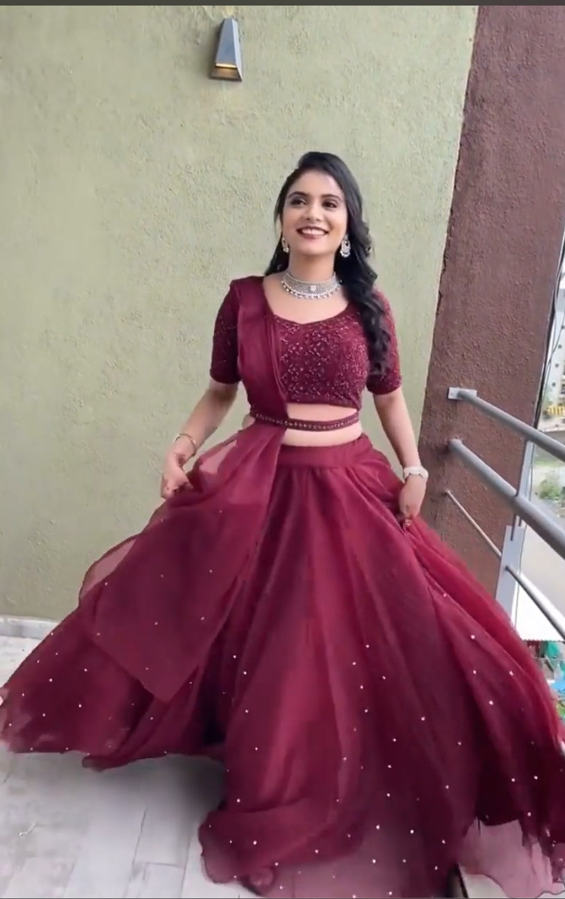Maroon Lehenga with Pearl Work and Embroidery Work Blouse