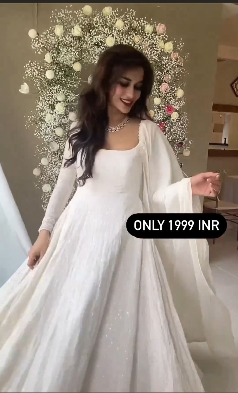 White Designer Indian Anarkali Gown In Beautiful Chikan Kari Work with Georgette Dupatta Set for Wedding, Party and Casual Wear