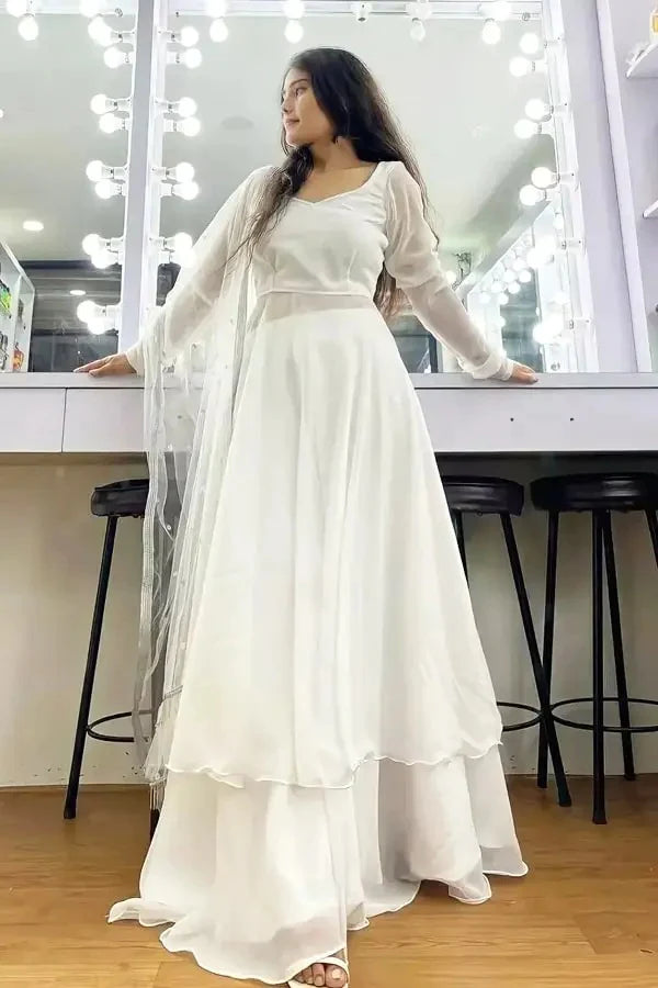 white Anarkali Gown Pant Set With Dupatta