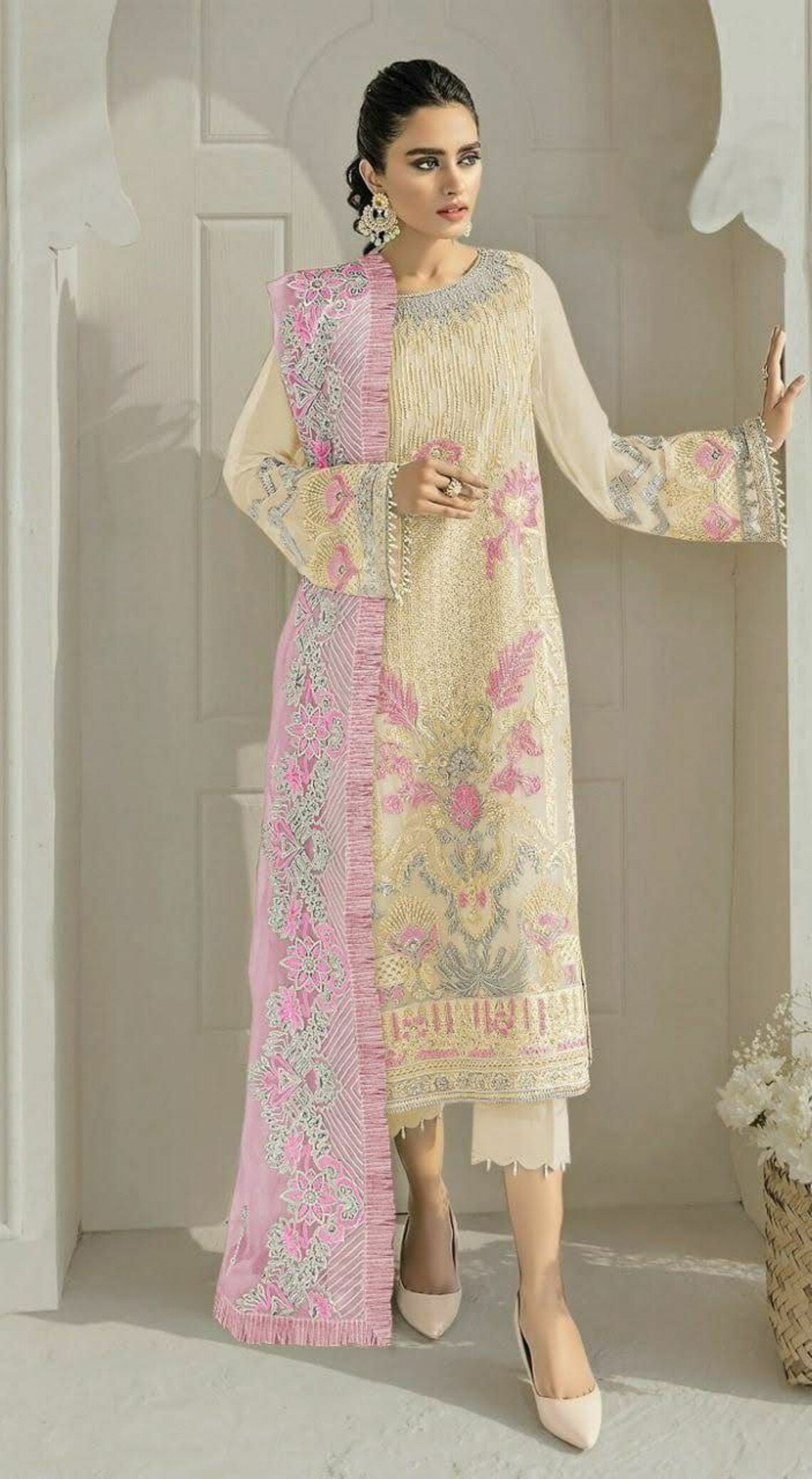 fashionable anarkali dress Lavender Georgette Zari Embroidered Sequins Foil Print Anarkali Suit