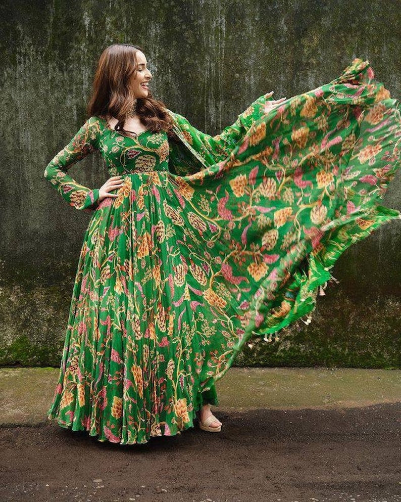Green butter silk floral printed party wear long anarkali suit