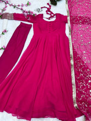 pink georgette party wear anarkali with heavy jaal dupatta and pant