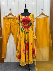Yellow green floral print anarkali dress with pant and dupatta