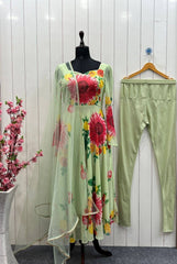 Pista green floral print anarkali dress with pant and dupatta