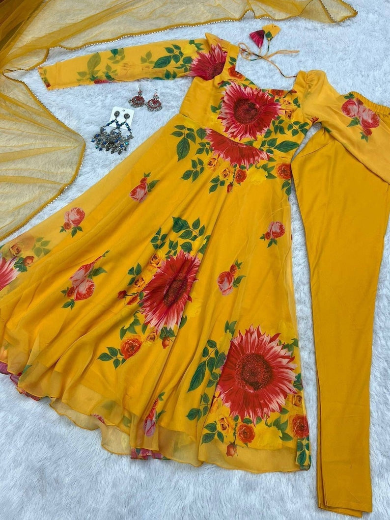 Yellow green floral print anarkali dress with pant and dupatta