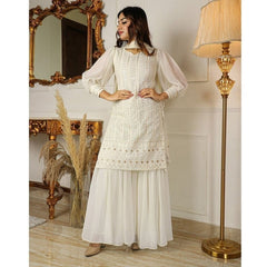 Premium Pure White Lucknowi Kurta Set Embroidery Cotton Thread Work, Sequence work, Sharara & Dupatta Set Readymade 3 pc Salwar Kameez