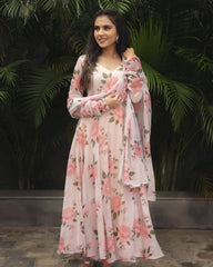 New Peach Base Floral Printed Georgette Anarkali Dress With Printed Dupatta For Summer Wear Summer Fashion Summer Arrivals Summer Wear Gown