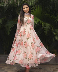 New Peach Base Floral Printed Georgette Anarkali Dress With Printed Dupatta For Summer Wear Summer Fashion Summer Arrivals Summer Wear Gown