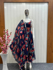 Blue Anarkali Dress With Floral Printed Design