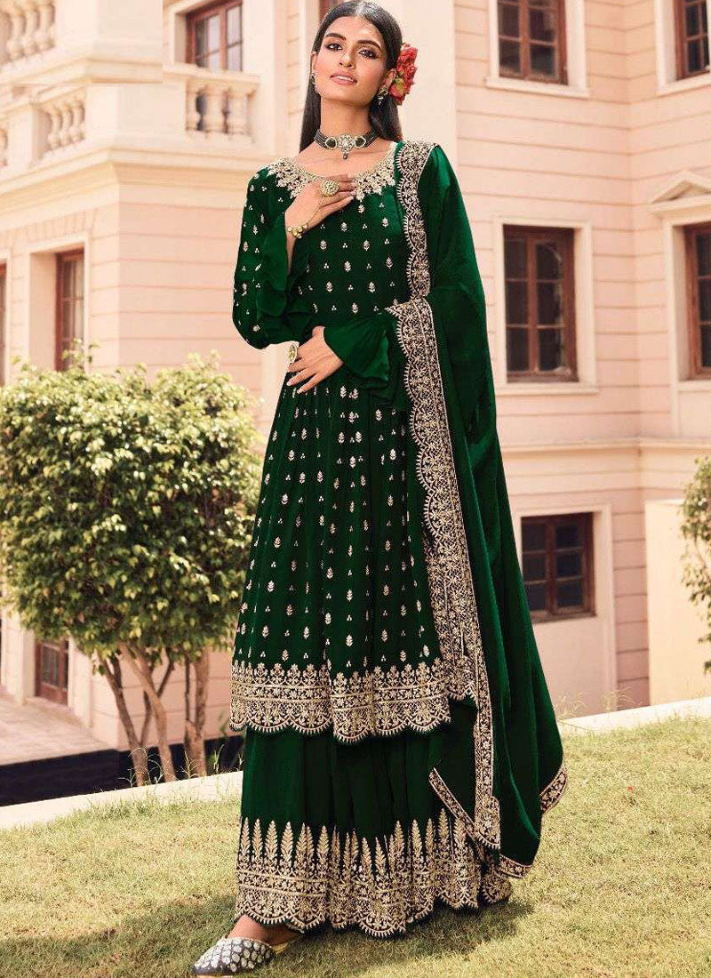 Mehendi Ceremony Bride Wear Embroidered Anarkali Suit In Green