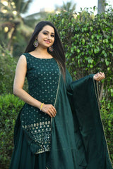 Green Faux Georgette Stitched Top With Stitched Faux Georgette Bottom And Nazmin Dupatta Sleeve Less Embroidered