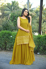 yellow Faux Georgette Stitched Top With Stitched Faux Georgette Bottom And Nazmin Dupatta Sleeve Less Embroidered