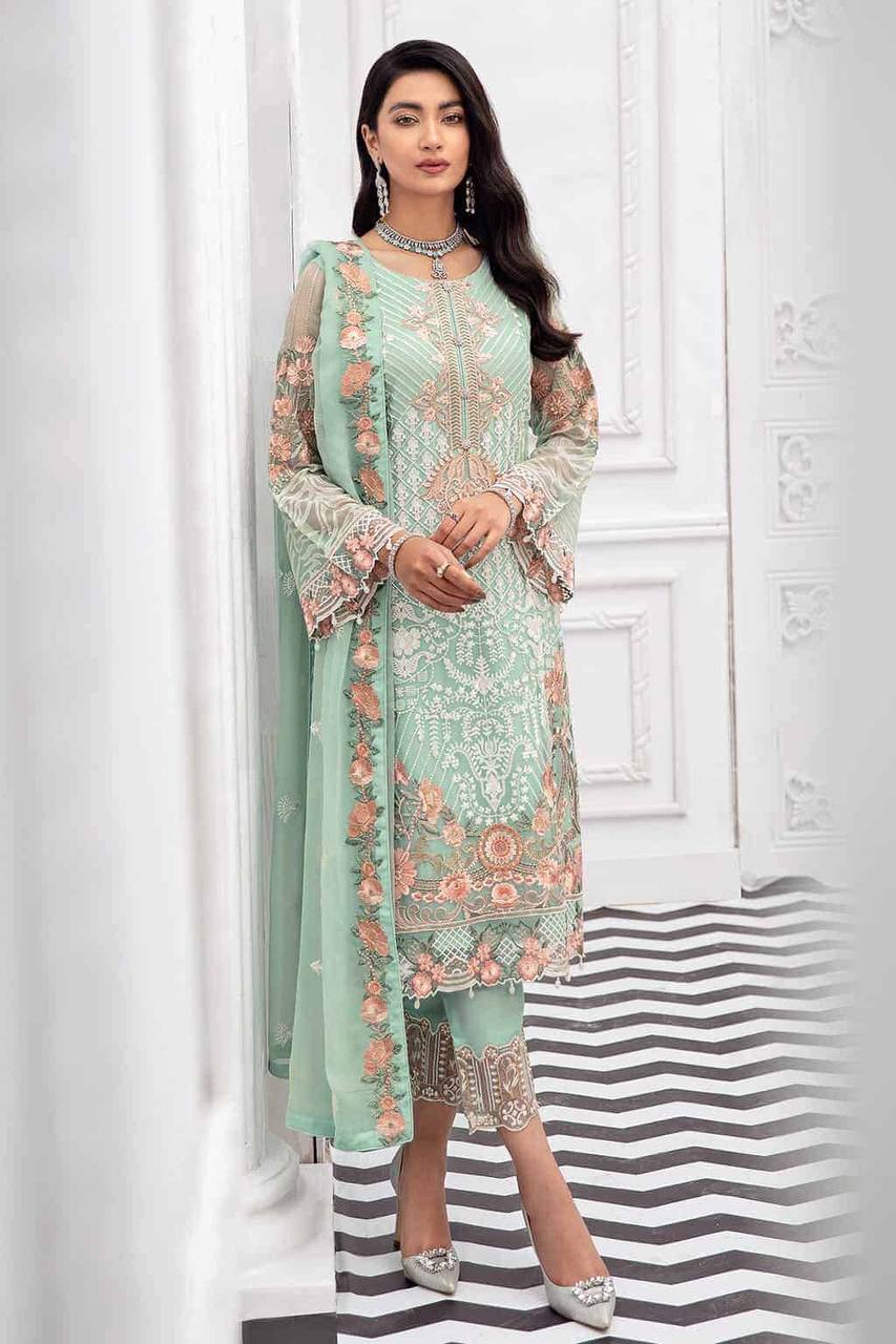 Women's Pista Faux Georgette Semi Stitched Top With Santoon Unstitched Bottom and Nazmin Dupatta Embroidery work Dress Material