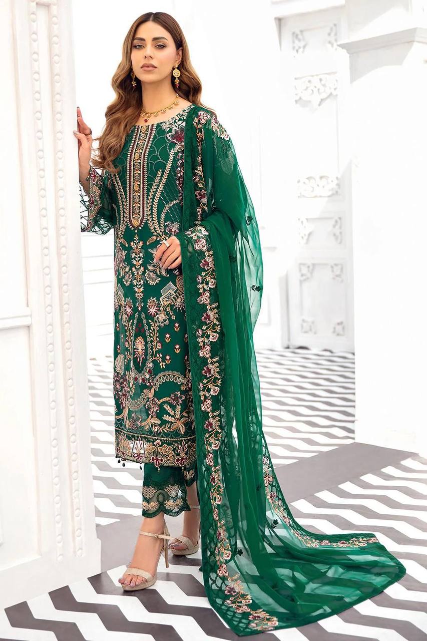 Faux Georgette Embroidery Pakistani Suit In Green Colour