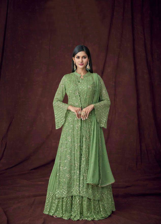 pista colour Partywere Bollywood Stylish Georgette Work Salwar Suit