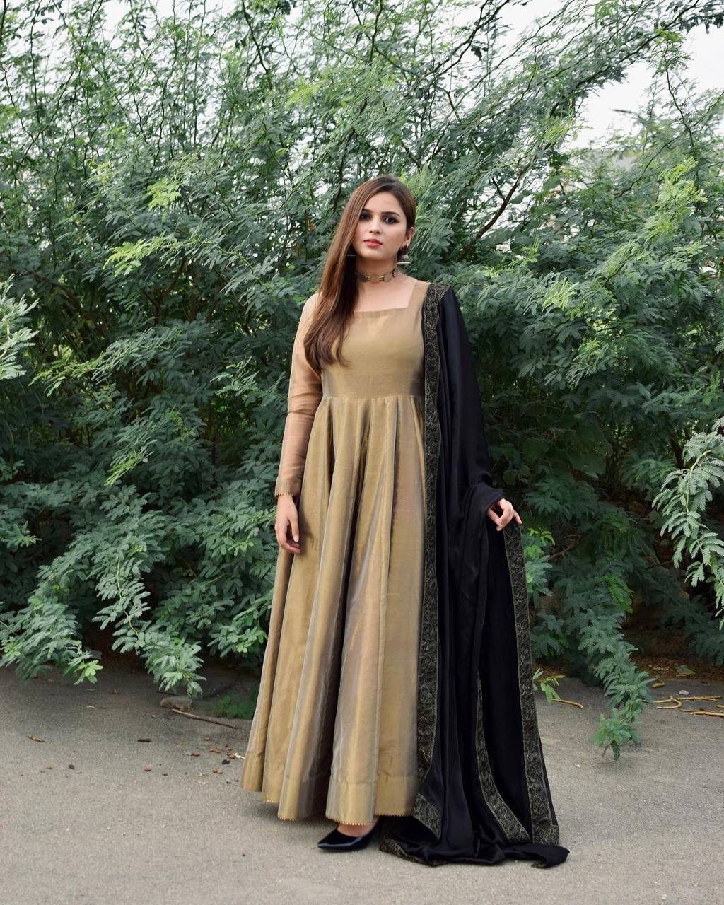 New Bronze Gold Lama Anarkali Gown With Duppta