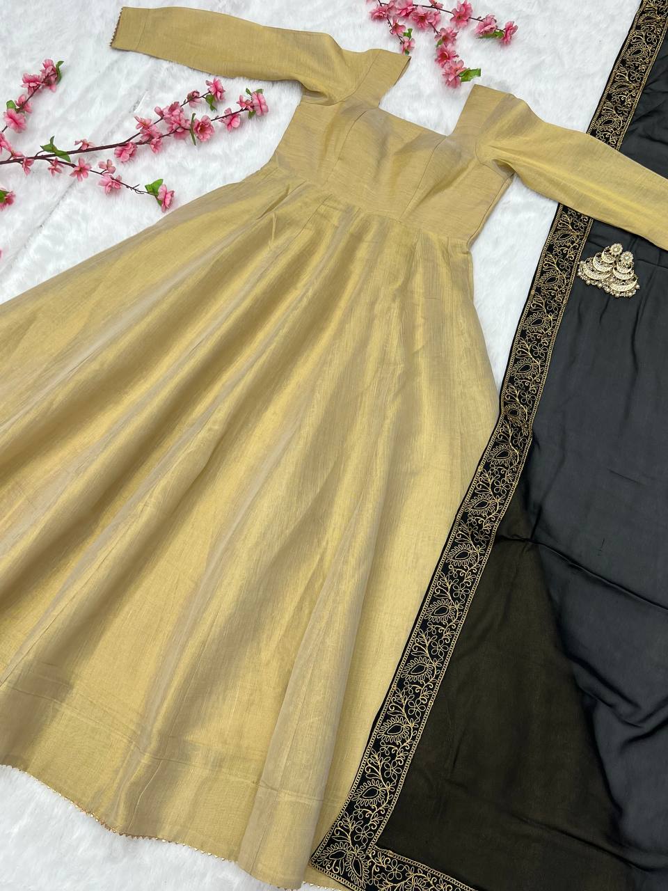 New Bronze Gold Lama Anarkali Gown With Duppta