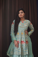 Beautiful Sea-Blue Short Anarkali Sharara Suit