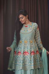 Beautiful Sea-Blue Short Anarkali Sharara Suit