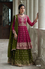 Pink and Green Embroidered Kurti Style Lehenga With Dupatta