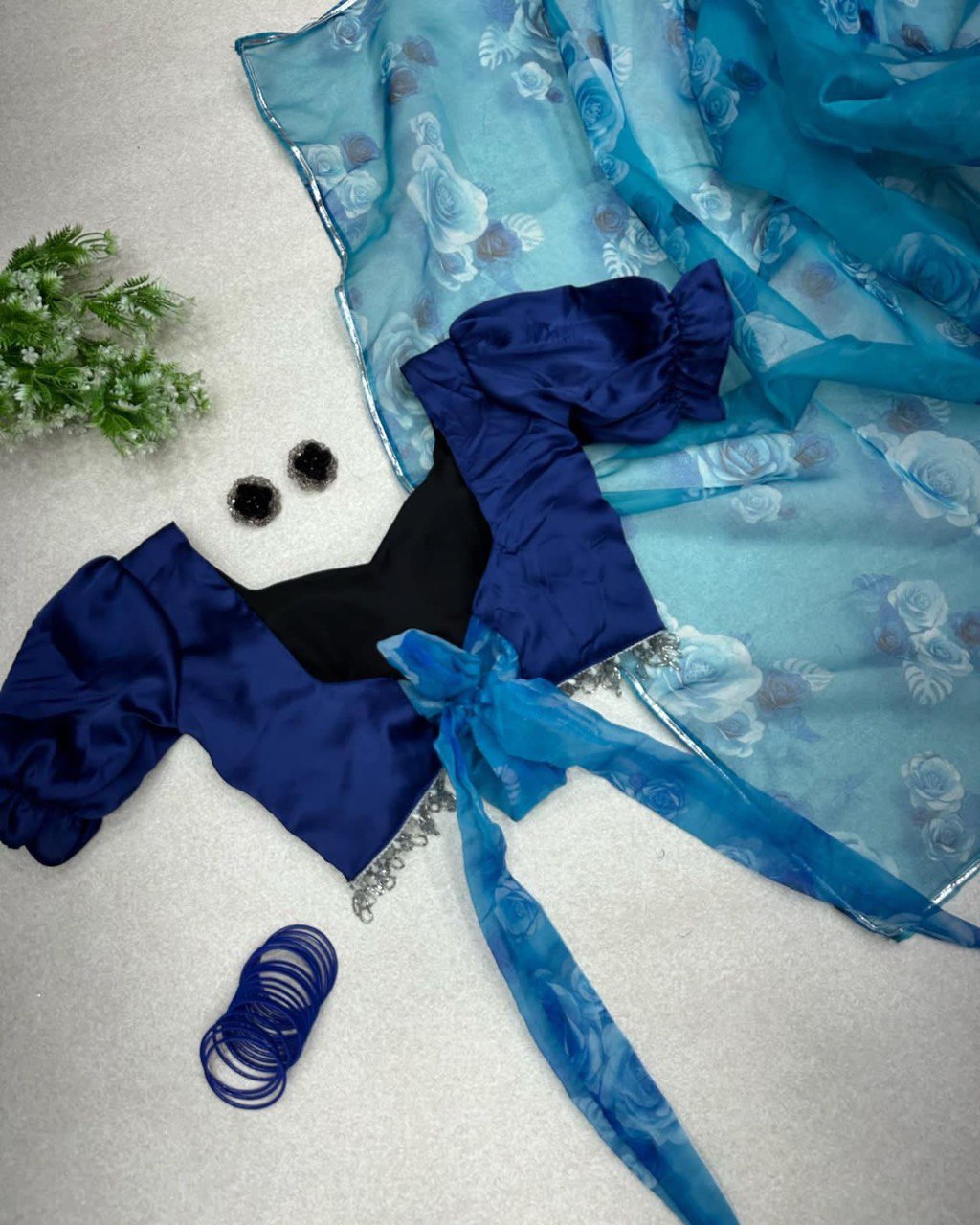 Teal blue Organza Silk Digital Printed Saree