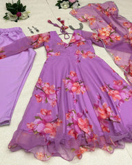 Purple Digital Printed Work Georgette Silk Readymade Salwar Suit