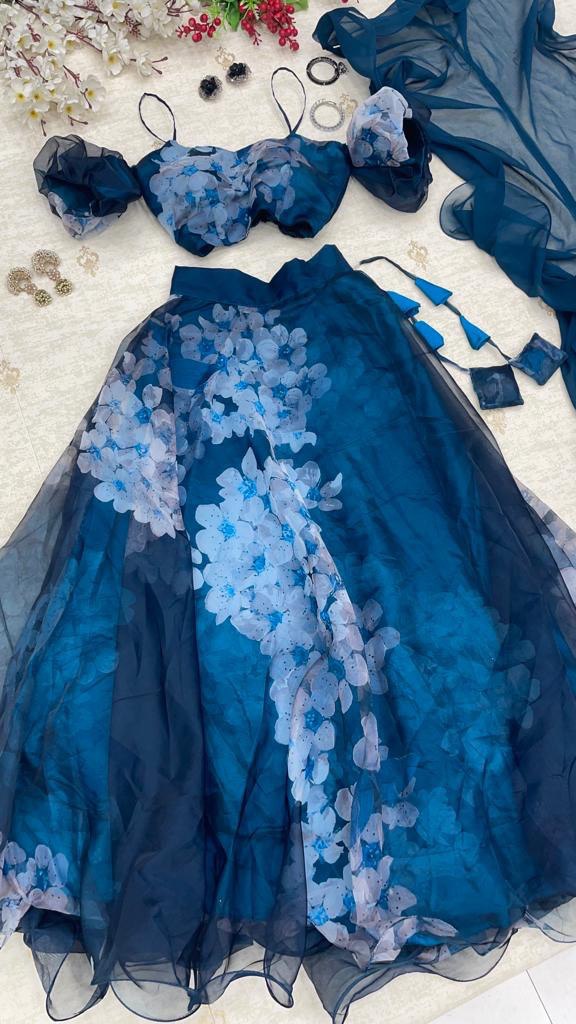 Blue Floral Printed Lehenga Choli With Puffy Sleeves