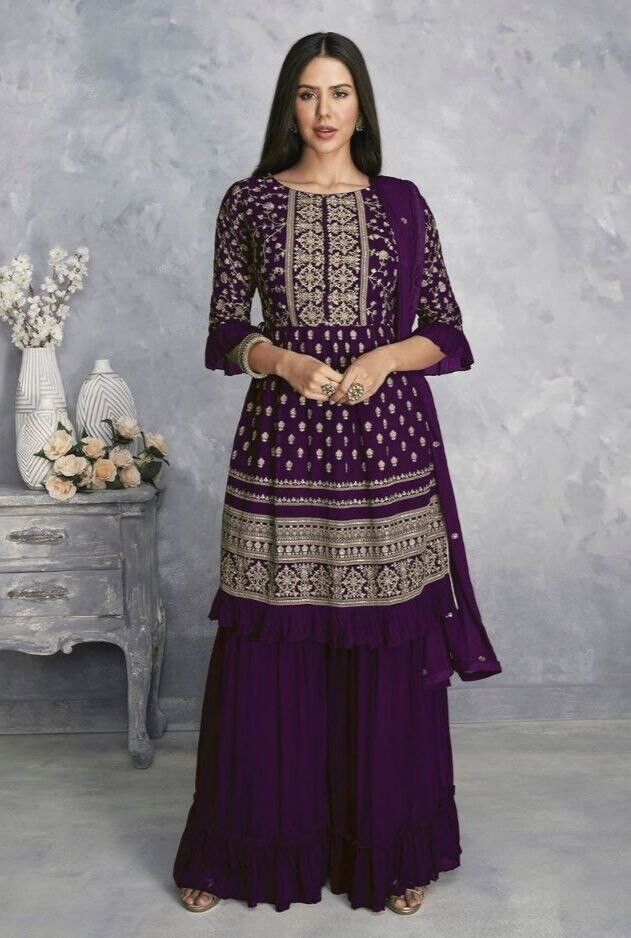 Purple Designer Georgette Embroidered Sharara Suit