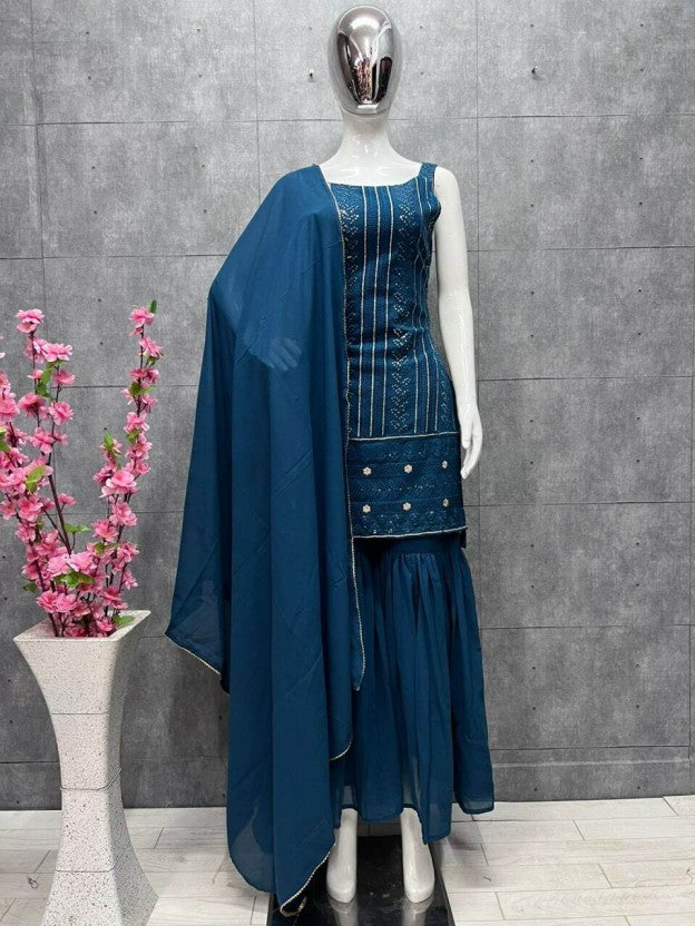 Blue Beautiful pure Lucknowe kurta embroidery cotton thread work,sequence work ,sharara nd dupatta set ready to wear Dupatta Sets