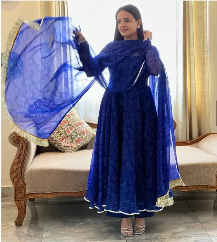 Blue Women Printed Georgette Anarkali Kurta With Attached Dupatta